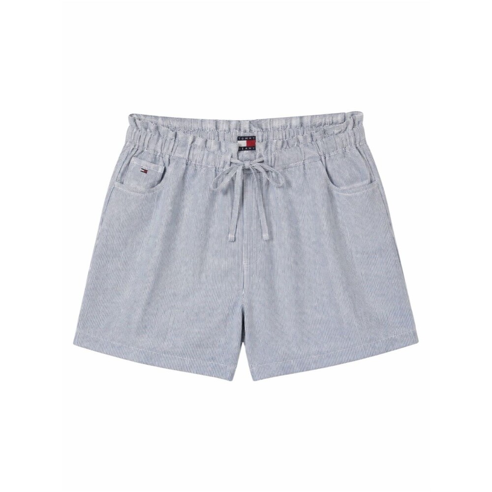 Tommy Jeans Linen Blend Drawstring Elastic Waist Shorts Blue White Stripe XL NEW